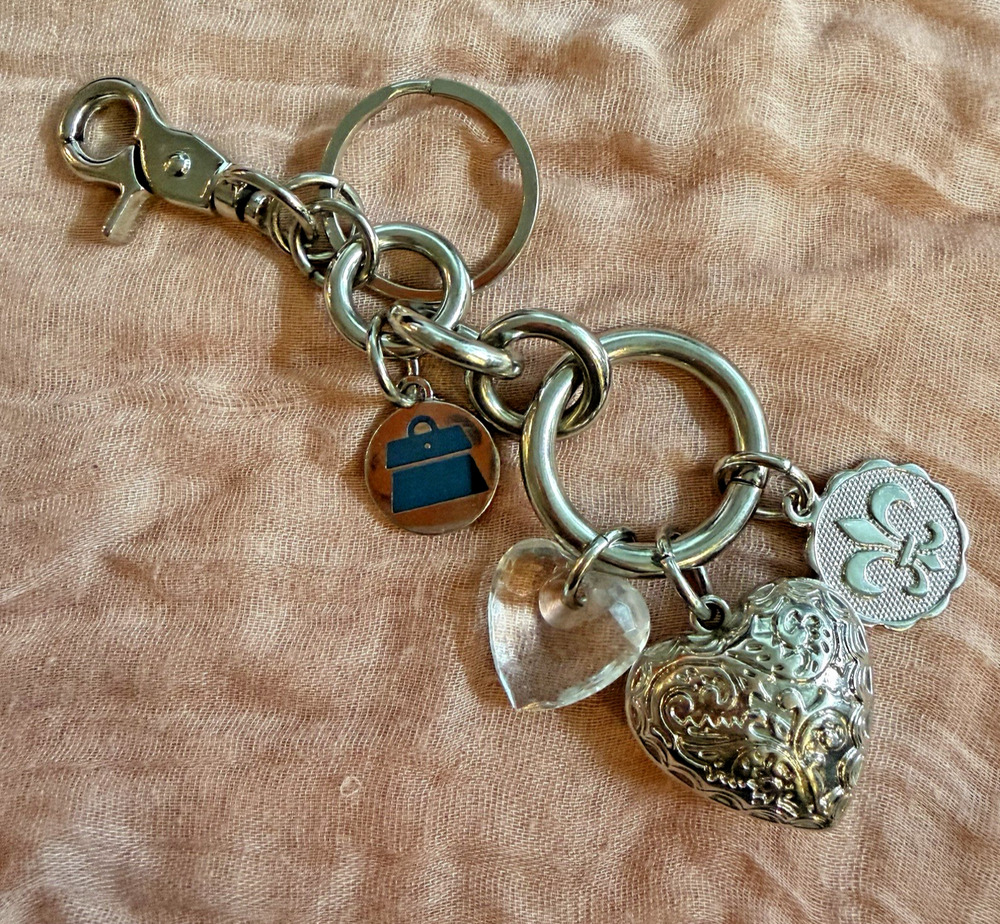 Vintage Kathy Van Zeeland Charm Keychain Silver Tone Heart Crystal 6” Long
